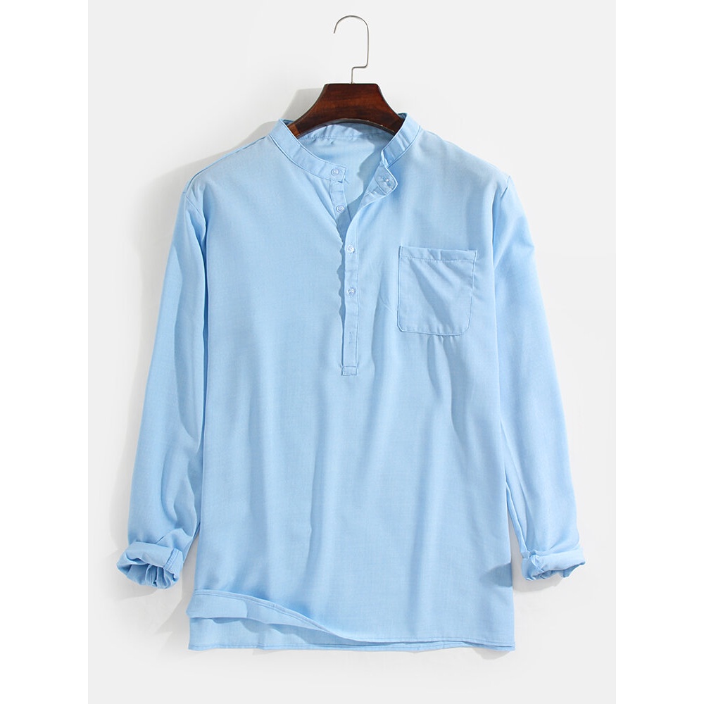 Mens Linen Solid Color Simple 7 Color Casual Long Sleeve Henley Shirts With Pocket - White XL