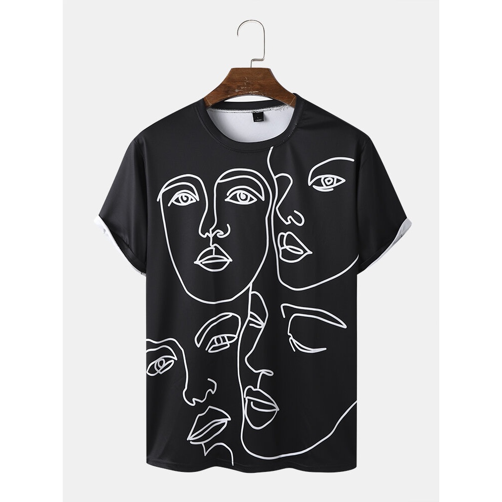 Mens Casual Face Line Graphics T-Shirts - Black M