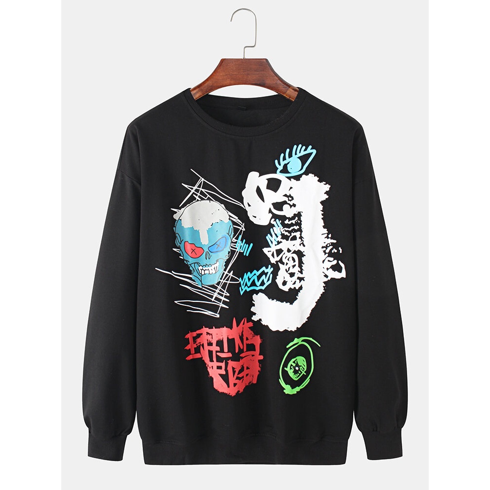 Cotton Mens Graffiti Print Round Neck Pullover Long Sleeve Sweatshirts - Black XL
