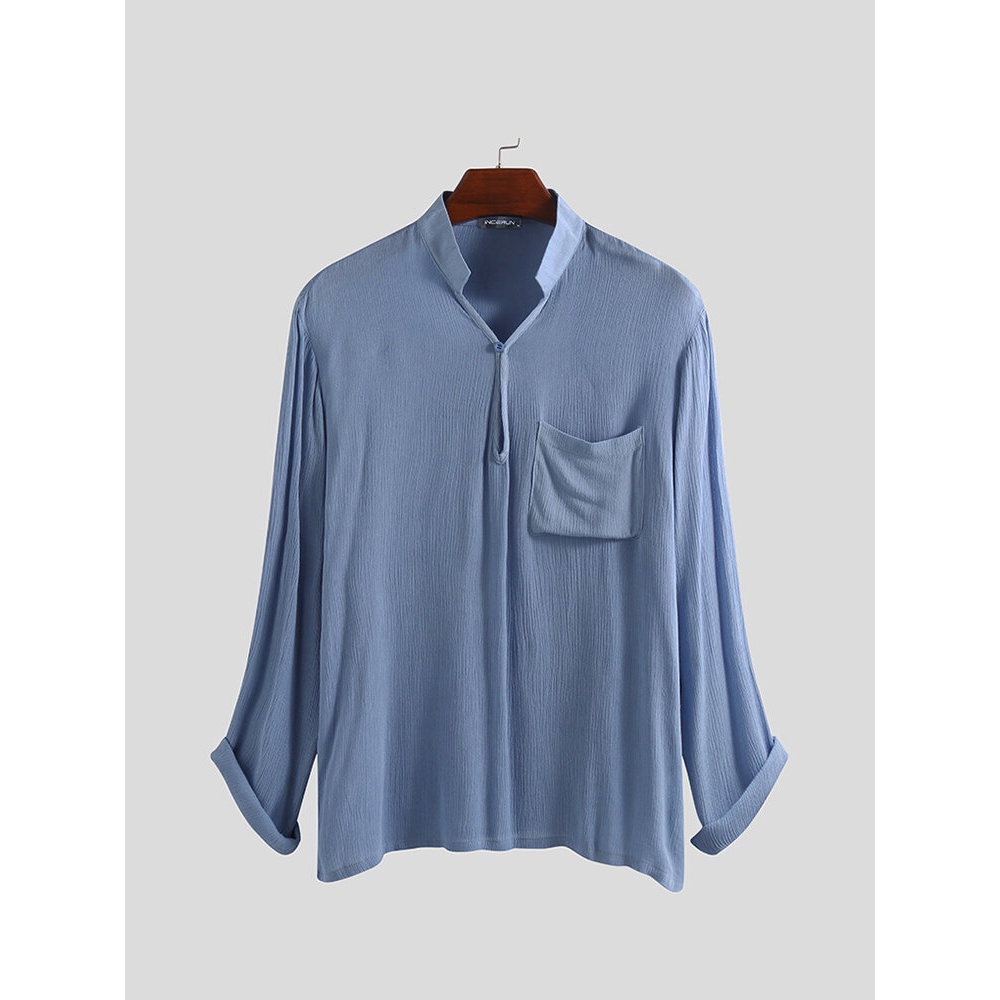 Men's Shirts Cotton Linen Casual Slim Fit Chest Pockets Collar Pullover Tops Tees - M Blue