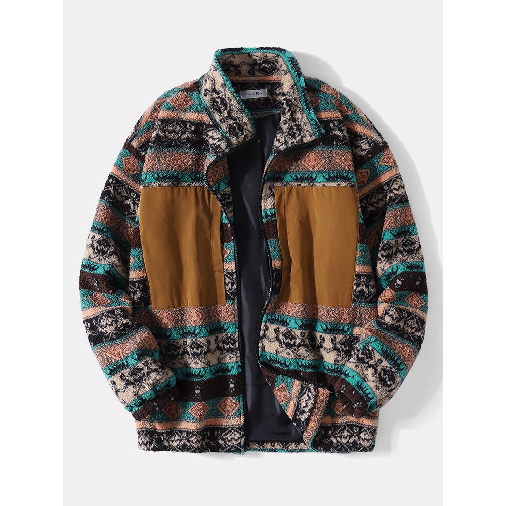Men Ethnic Striped Fleece Patch Side Pockets Zipper Collar Jackets - Brown S