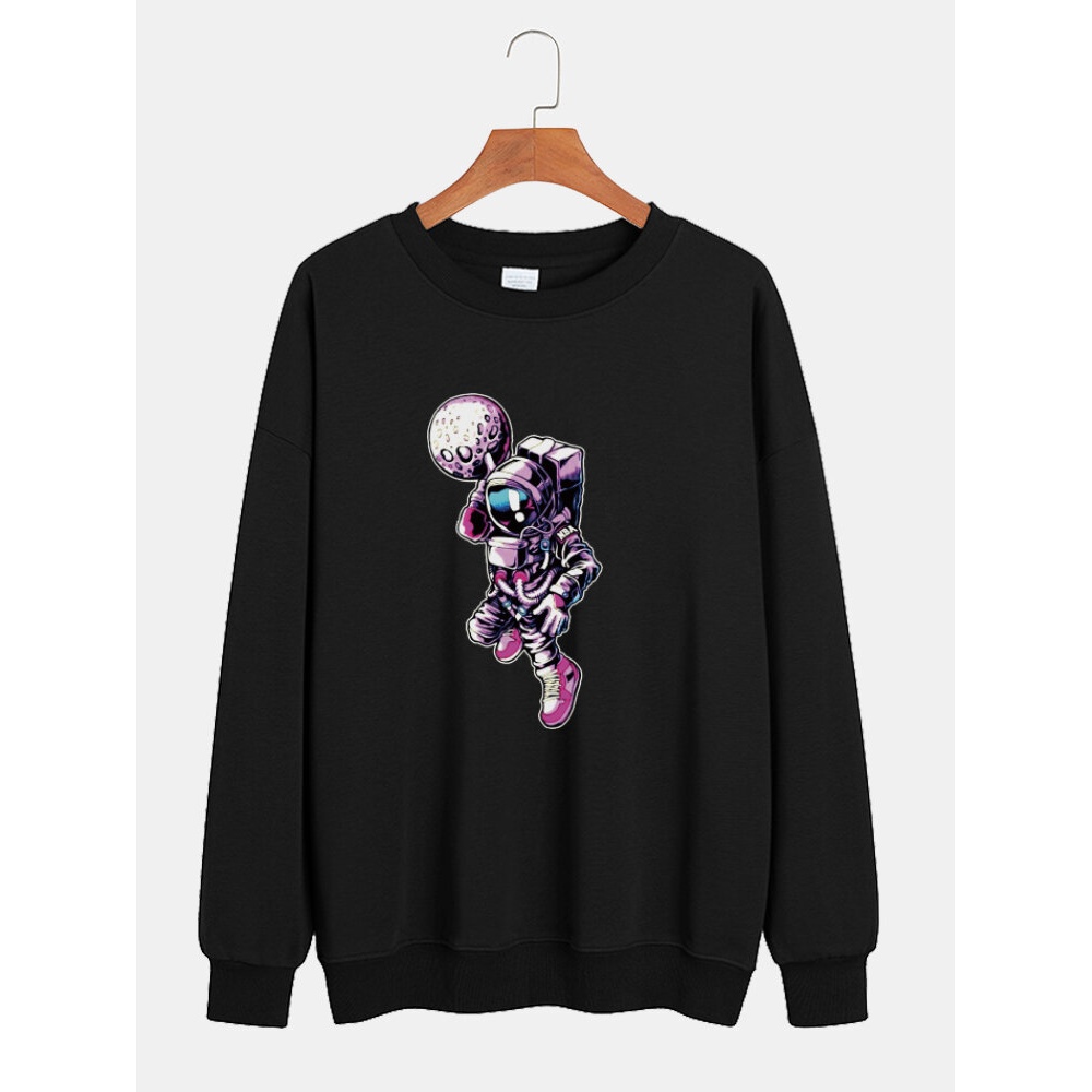 Mens Cotton Space Astronaut Print Casual Pullover Crew Neck Sweatshirts - Black L