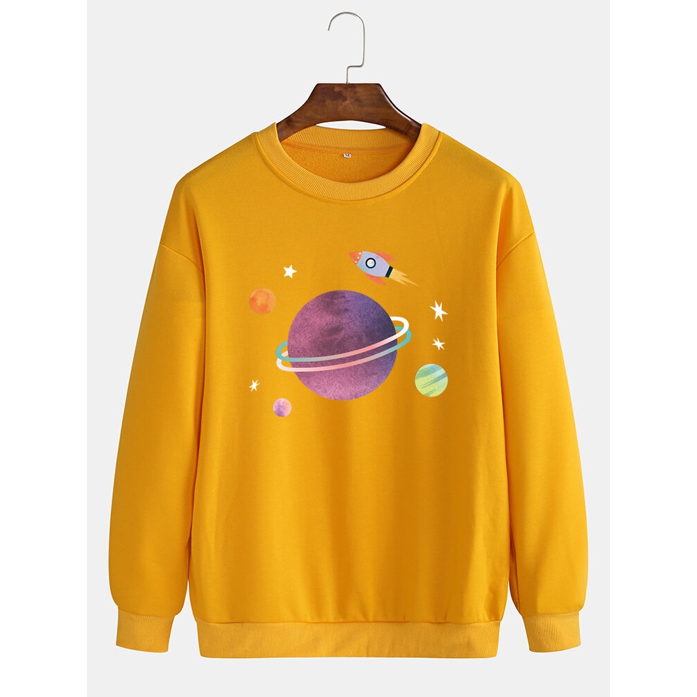 Mens Cute Cartoon Planet Print Drop Shoulder Long Sleeve Cotton Pullover Sweatshirts - Black M