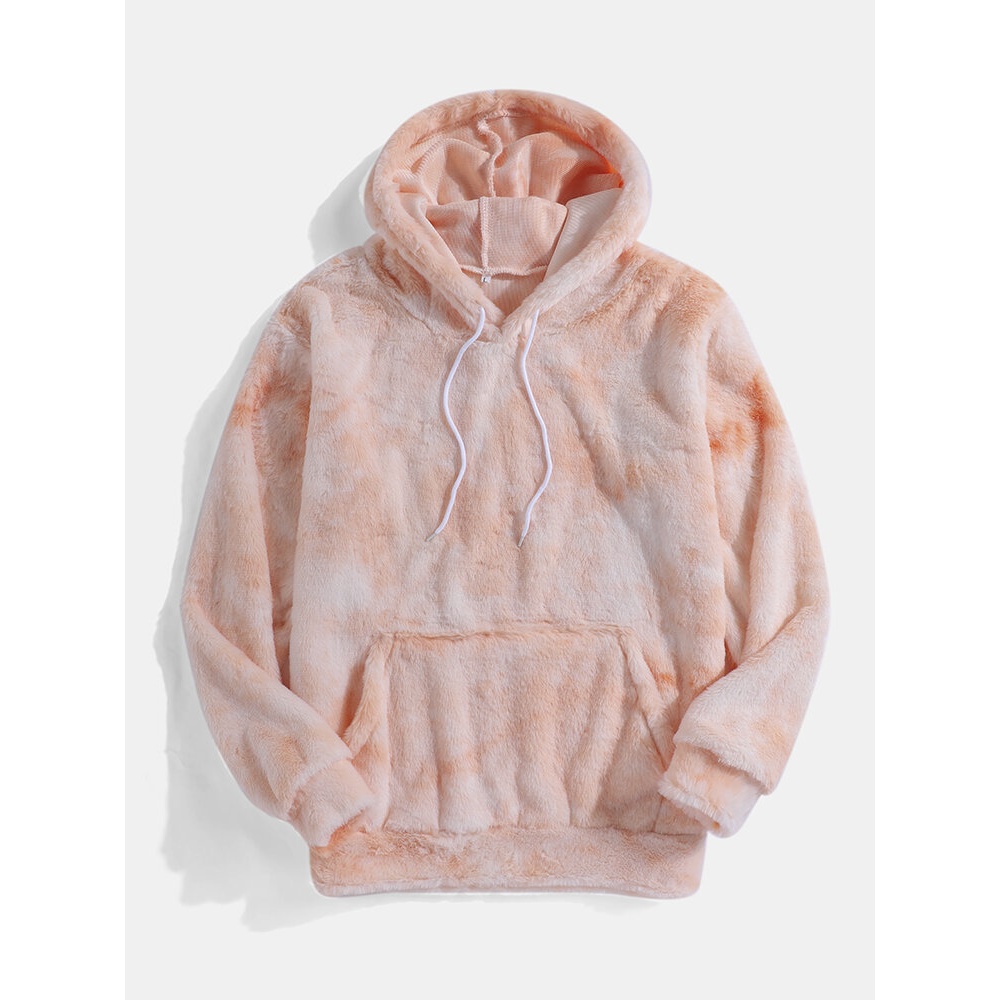 Mens Tie Dye Kangaroo Pocket Cozy Fluffy Plush Hoodies - Orange S