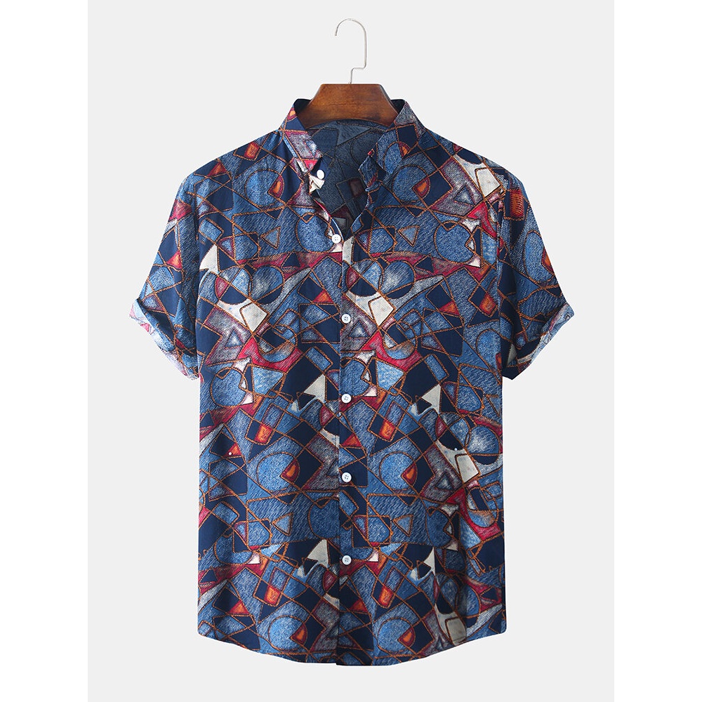 Mens Ethnic Style Clan Printing Breathable Short Sleeve Casual Shirts - Red XL