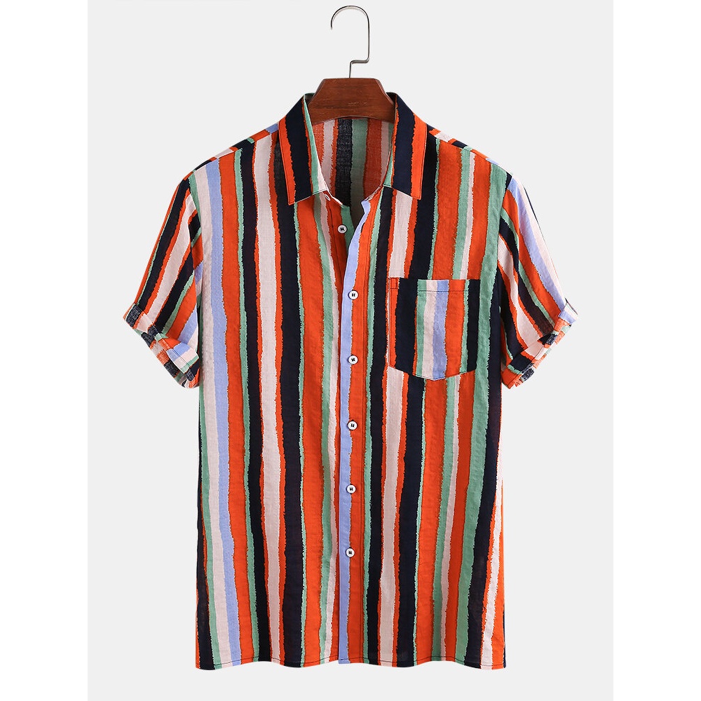 Mens Colorful Striped Turn Down Collar Short Sleeve Shirts - Blue M
