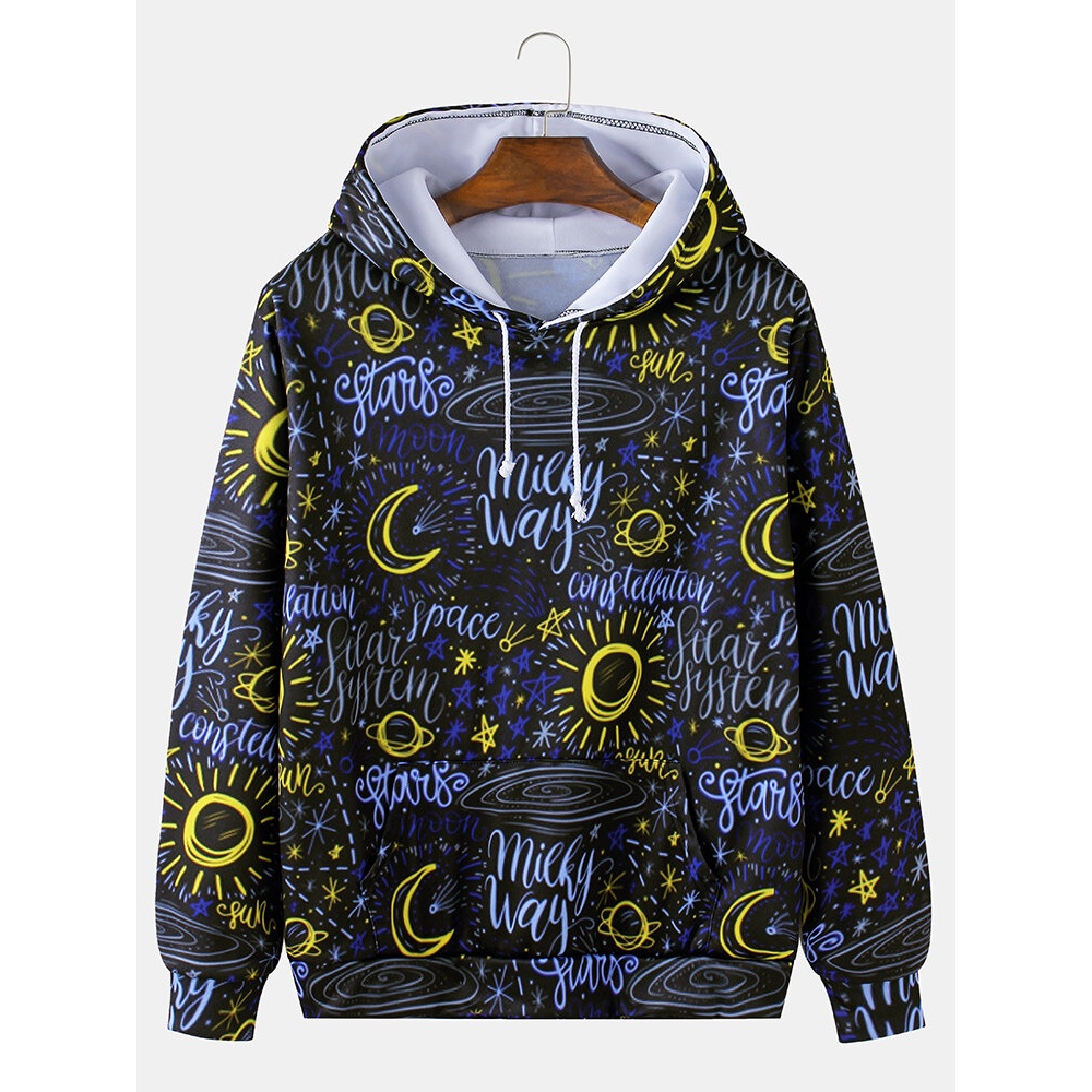 Mens Graffiti Print Long Sleeve Drawstring Hoodies With Pocket - Black M