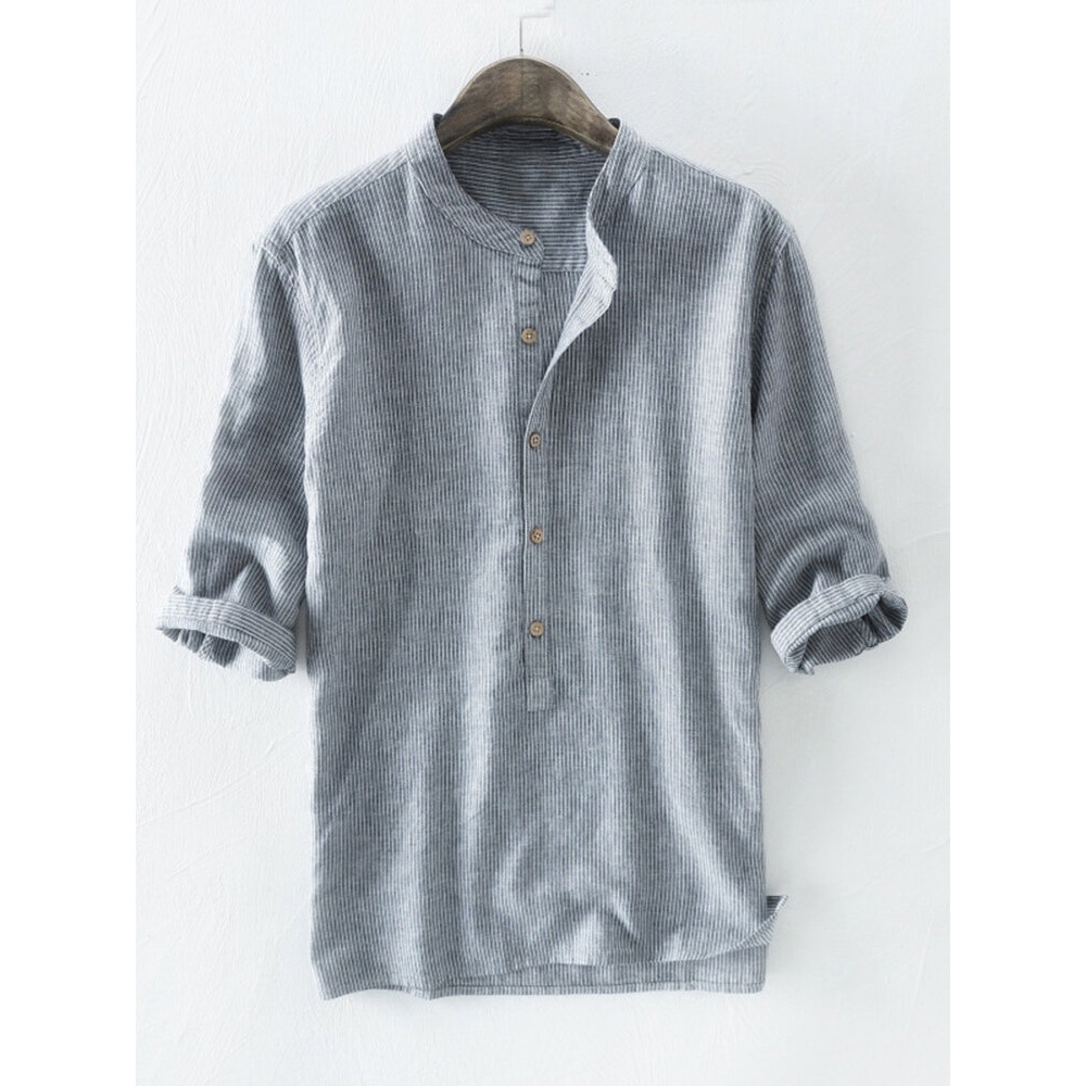 Mens 100% Cotton Button Striped Half Sleeve Breathable Casual Henley Shirts - Khaki XL