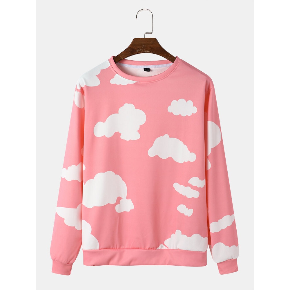 Mens Cloud Pattern Round Neck Casual Sweatshirt - Pink M