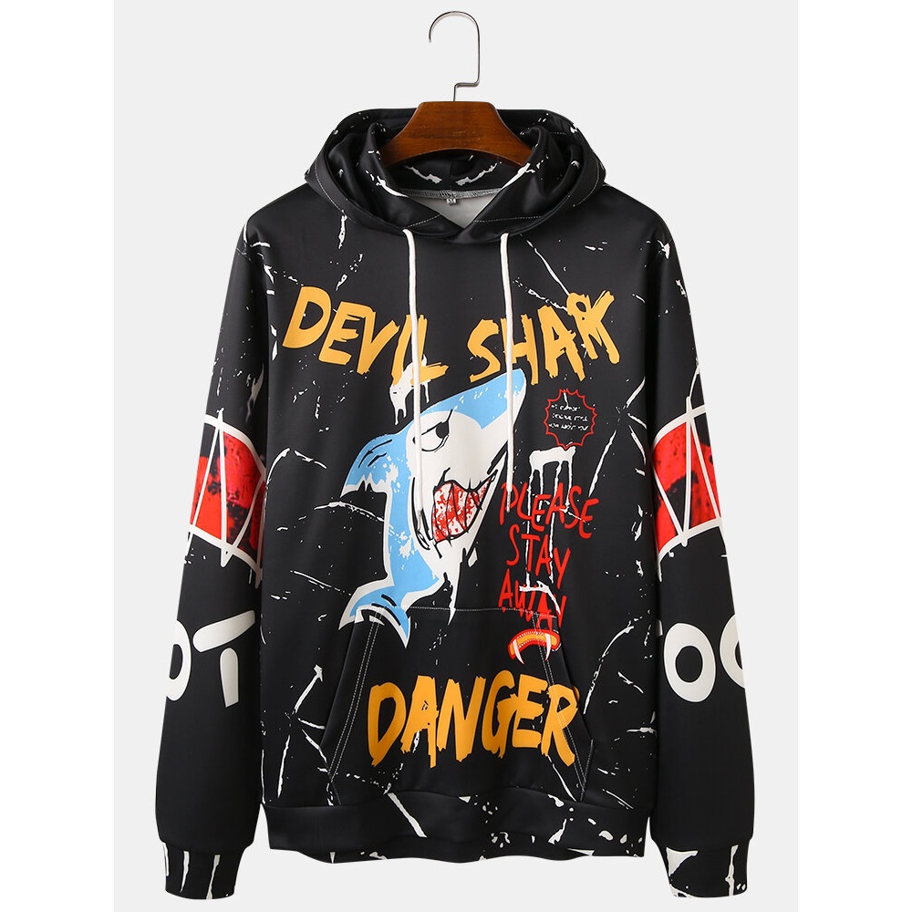 Mens Graffiti Letter Shark Print Casual Drawstring Hoodies With Kangaroo Pocket - Black S