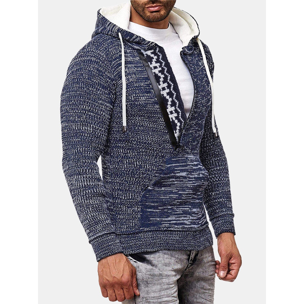 Mens Knit Half Zip Pouch Pocket Casual Overhead Drawstring Hoodies - Black M