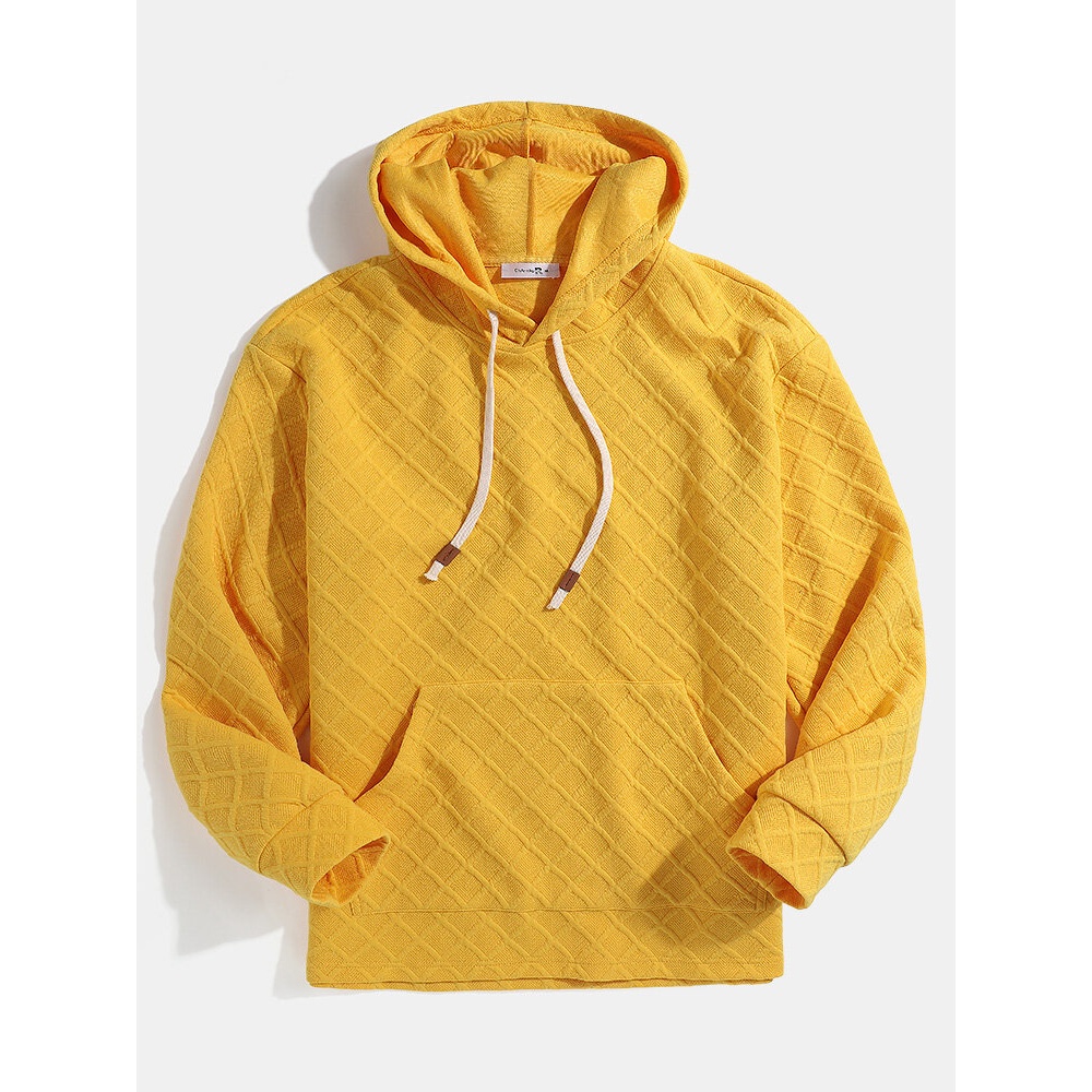 Mens Waffle Textured Solid Pouch Pocket Loose Drawstring Hoodies - Yellow S