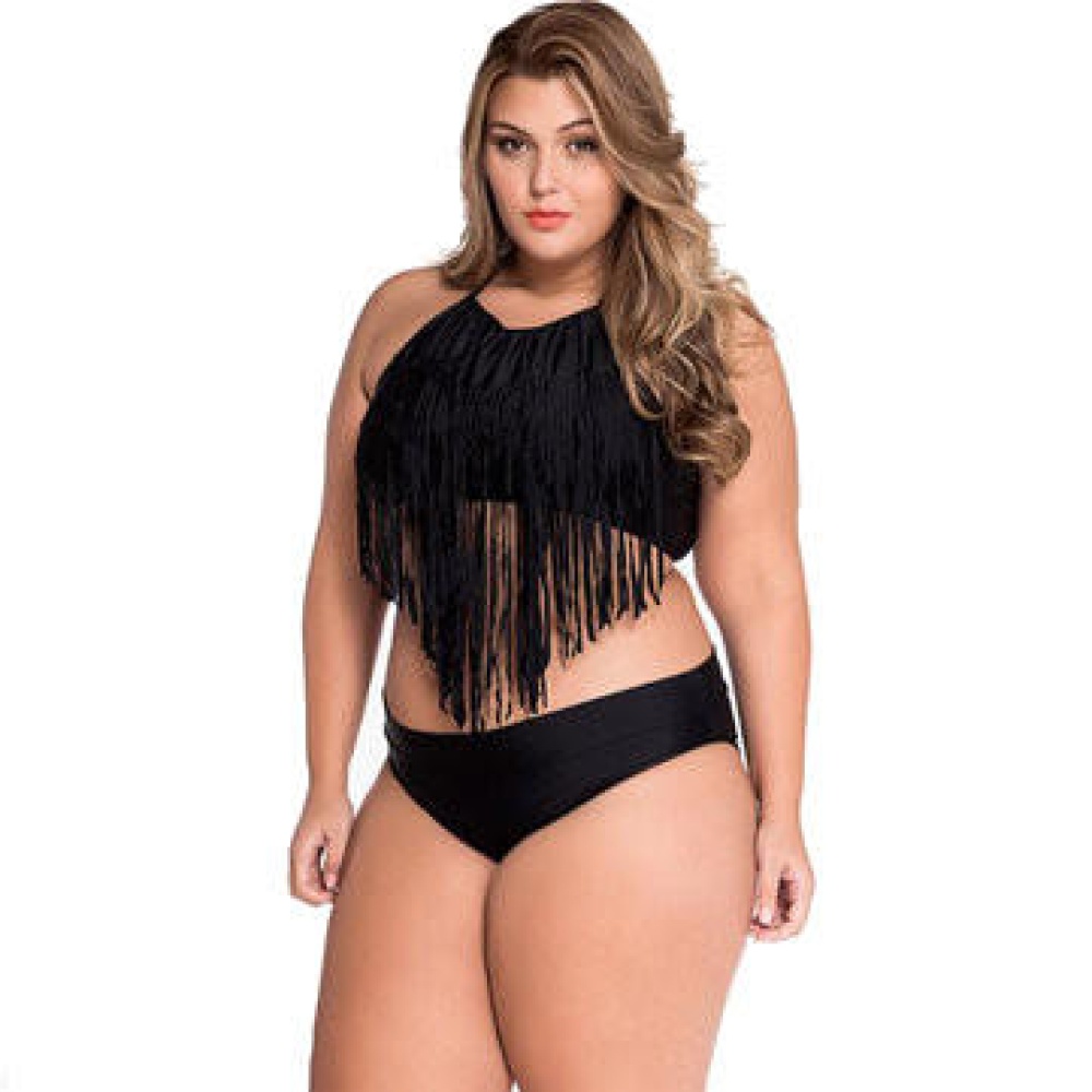 Summer Women Bikini Split Fringe Push Up Plus Size Swimwear High Wisted Bathing Suit - L