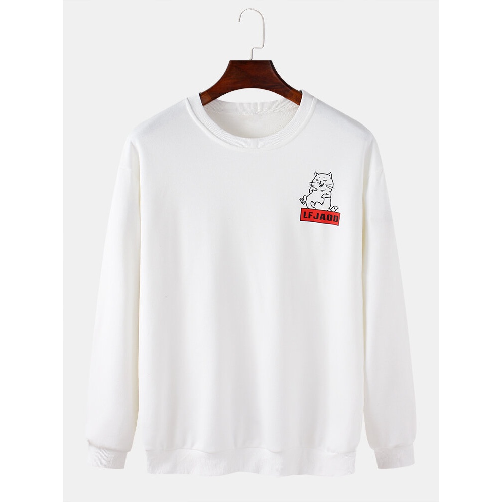 Cotton Mens Cartoon Cat Pattern Pullover Drop Shoulder Simple Long Sleeve Sweatshirts - Black XL