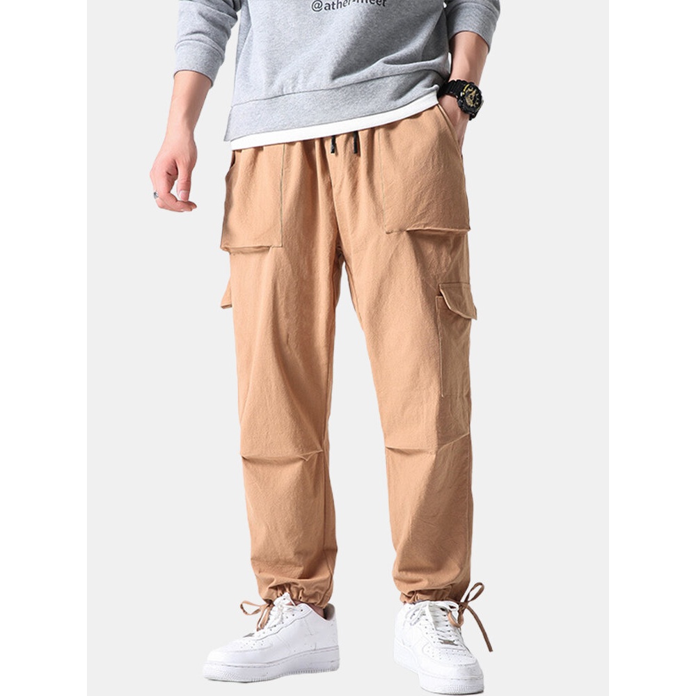 Mens Black Loose Drawstring Elastic Waist Multi Pocket Casual Pants - Black L
