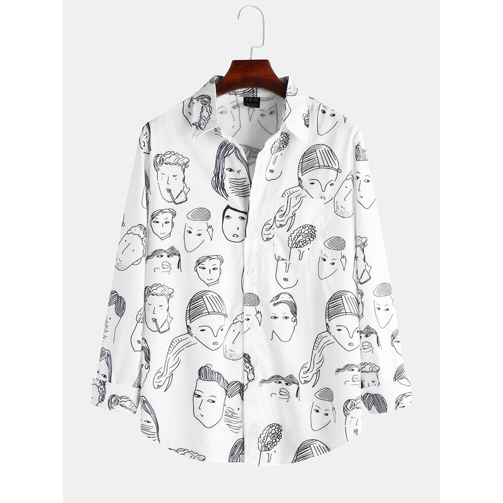 Mens Character Design Printed Long Sleeve Casual Shirts - XL Green