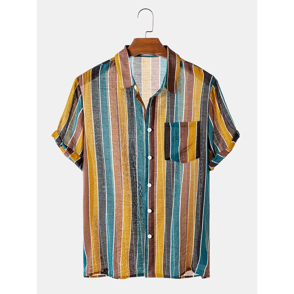 Colorful Stripe Lane Print Lightweigh See Through Patch Pocket Shirts - Dark Green 3XL