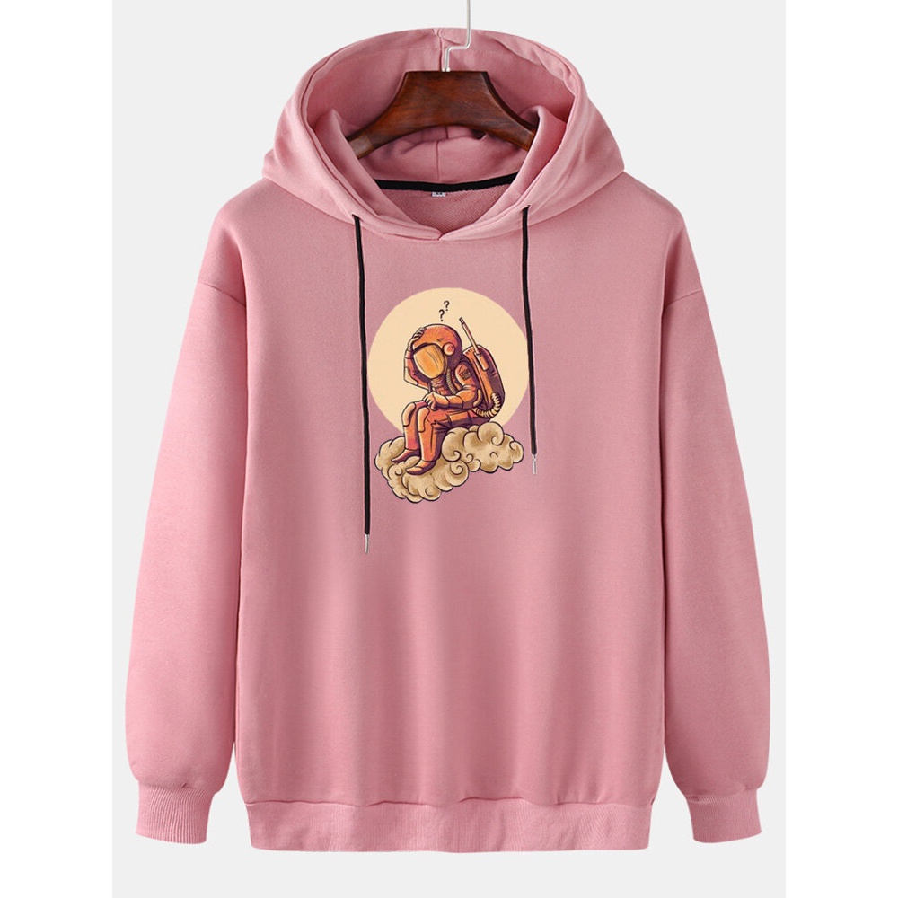 Mens Cotton Cartoon Astronaut Print Long Sleeve Drop Shoulder Drawstring Hoodies - Black S