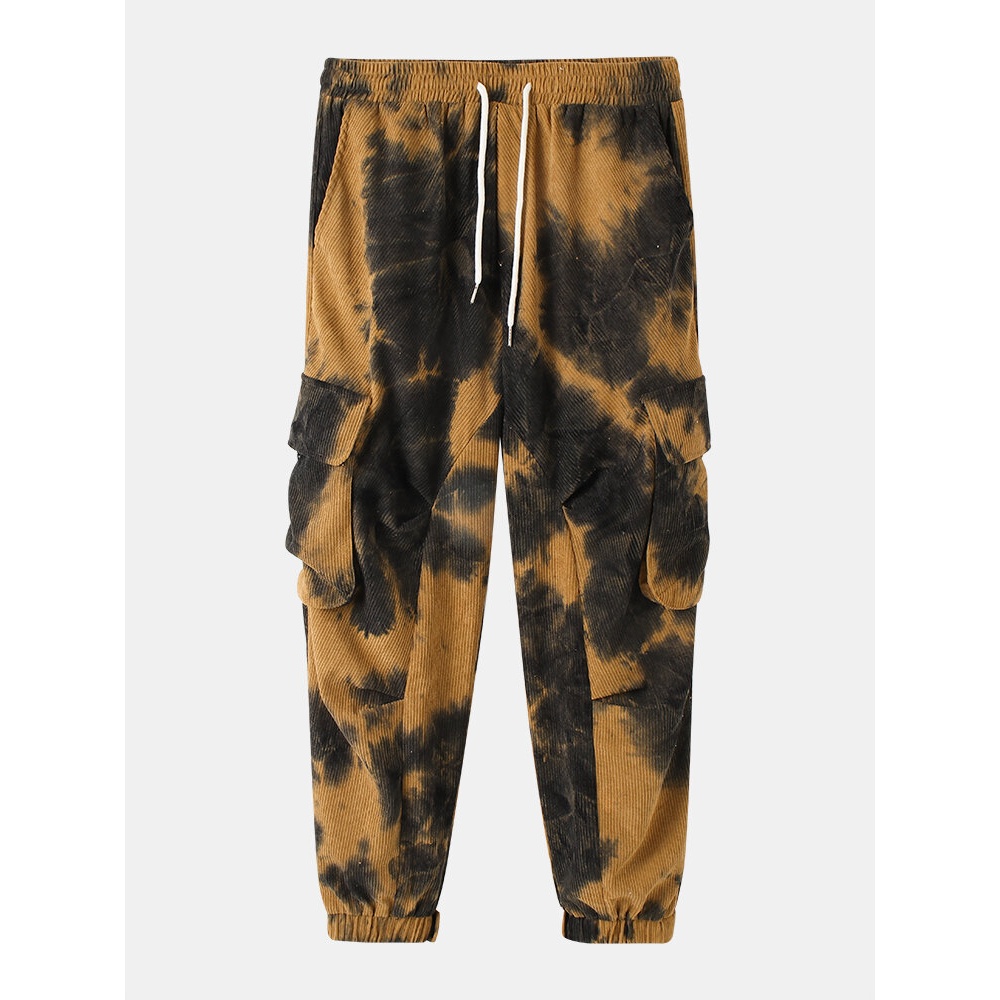 Mens Tie-Dye Multi-Pocket Drawstring Waist Jogger Pants - Yellow S
