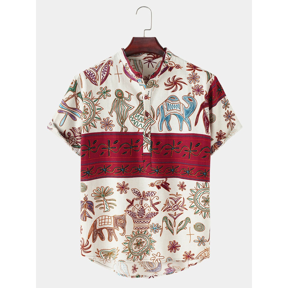 Mens Causal Tribal Pattern Doodle Holiday Henley Shirts - Yellow L