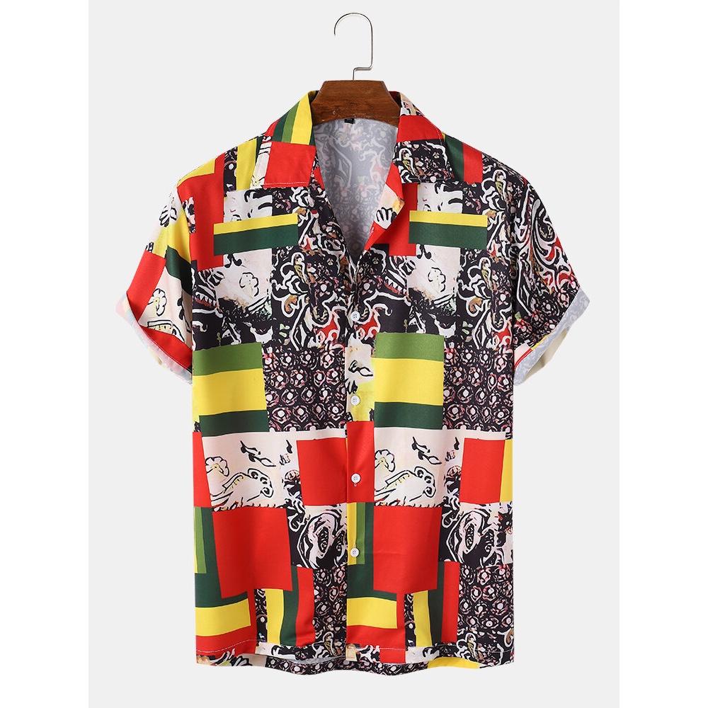 Mens All Over Colorful Mix Print Lapel Short Sleeve Shirts - Multicolor S