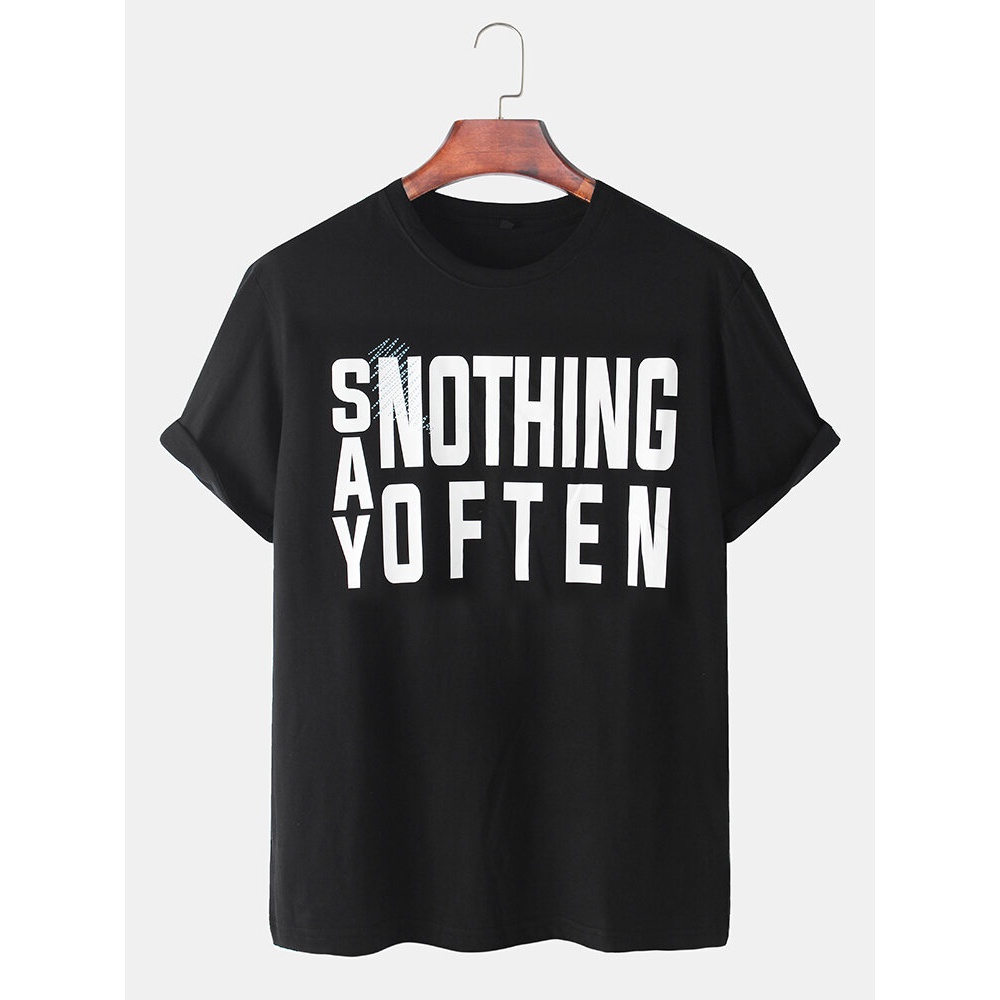 Cotton Slogan Print Round Neck Loose Short Sleeve T-Shirts - White M