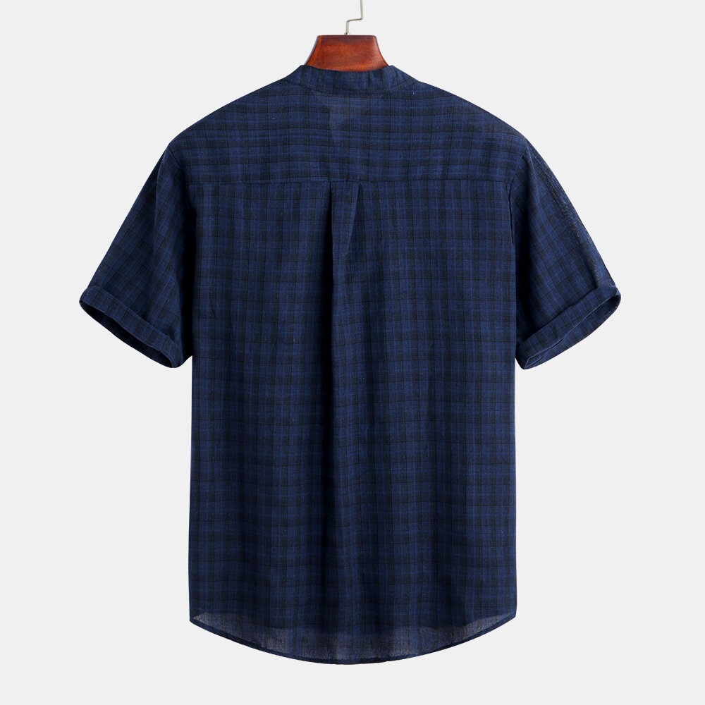 Mens Plaid Printed Henley Shirts - XL Blue - Image 2