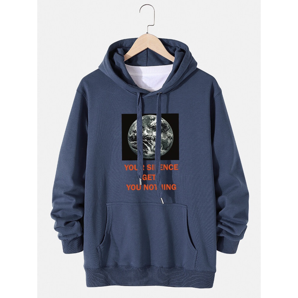 Mens Earth Graphic Slogan Print Cotton Drawstring Hoodies With Pouch Pocket - White XL