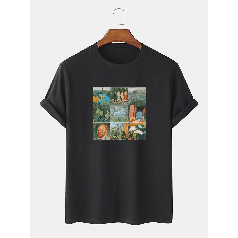 Mens 100% Cotton World Masterpiece Print Crew Neck Short Sleeve T-Shirts - Grey M