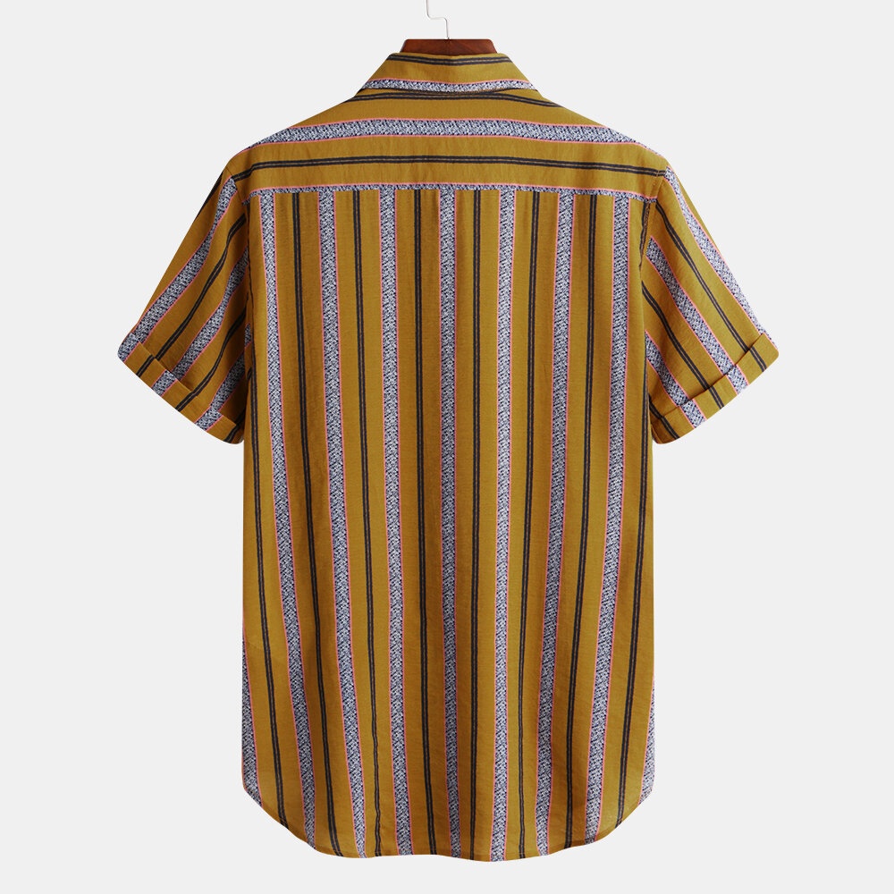 Mens Classic Striped Summer Short Sleeve Button up Shirts - 2XL Yellow - Image 2