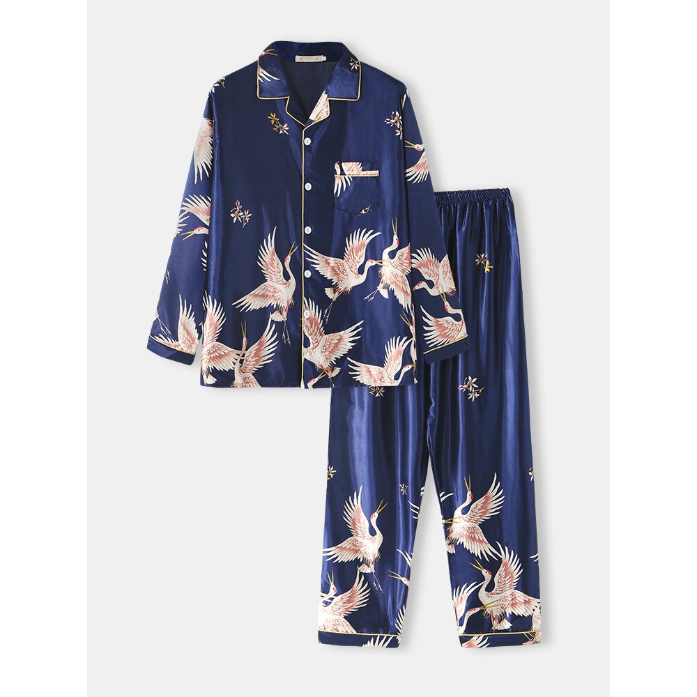 Mens Crane Print Faux Silk Home Revere Collar Long Sleeve Loose Lounge Pajama Set - Blue M