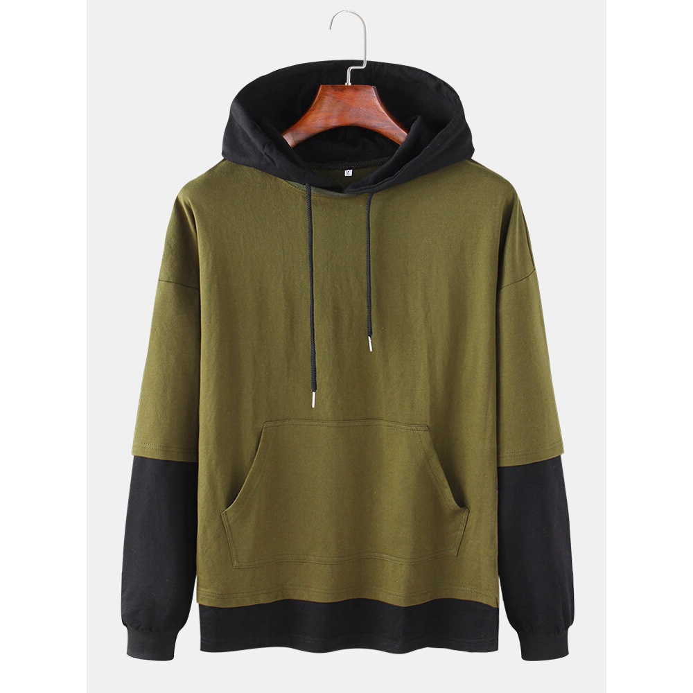 Mens Patchwork Solid Color Drop Shoulder Kangaroo Pocket Cotton Drawstring Hoodies - White L