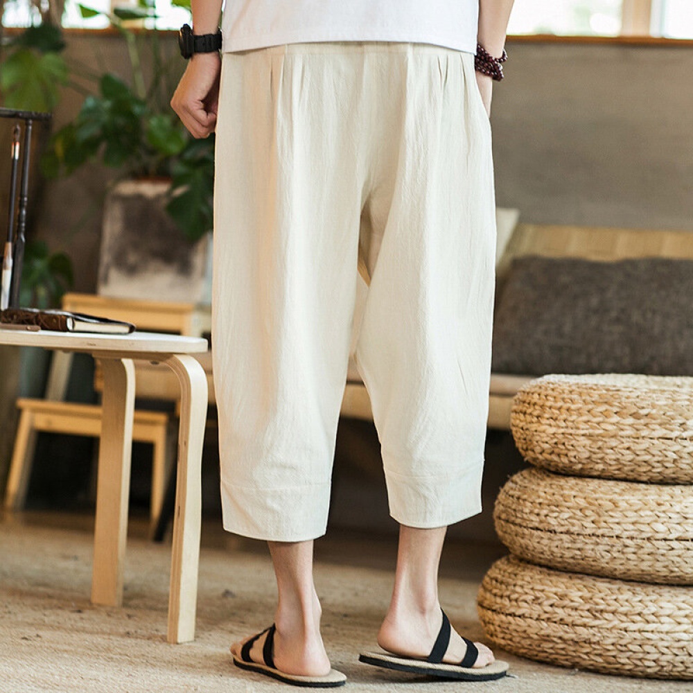 Baggy Linen Calf-Length Wide Leg Pants - L Black - Image 2