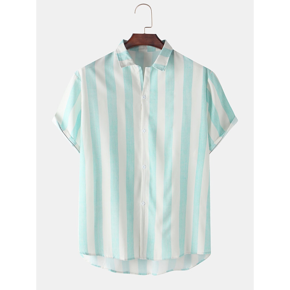 Hawaii Holiday Style Mens Vertical Stripes Lapel Collar Short Sleeve Shirts - Blue M