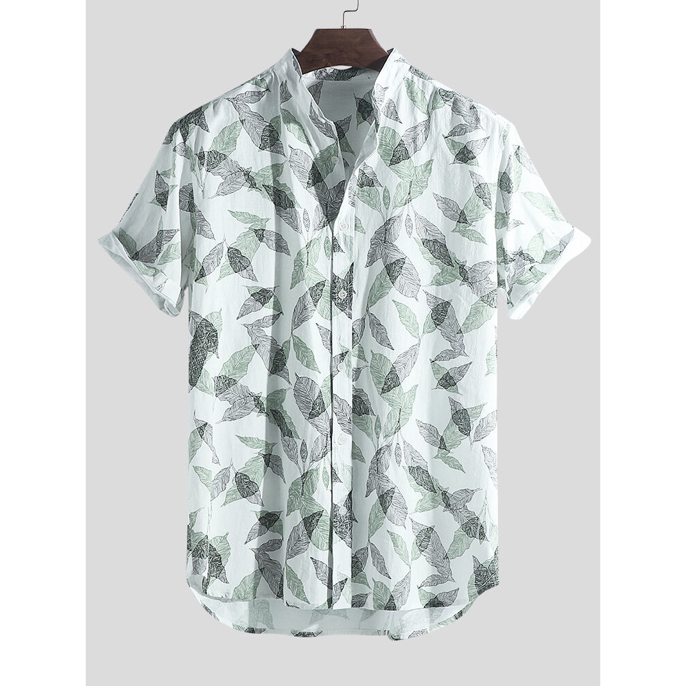 Men Tropical Plants Printed 100% Cotton Hawaiian Beach Shirt - 2XL Green
