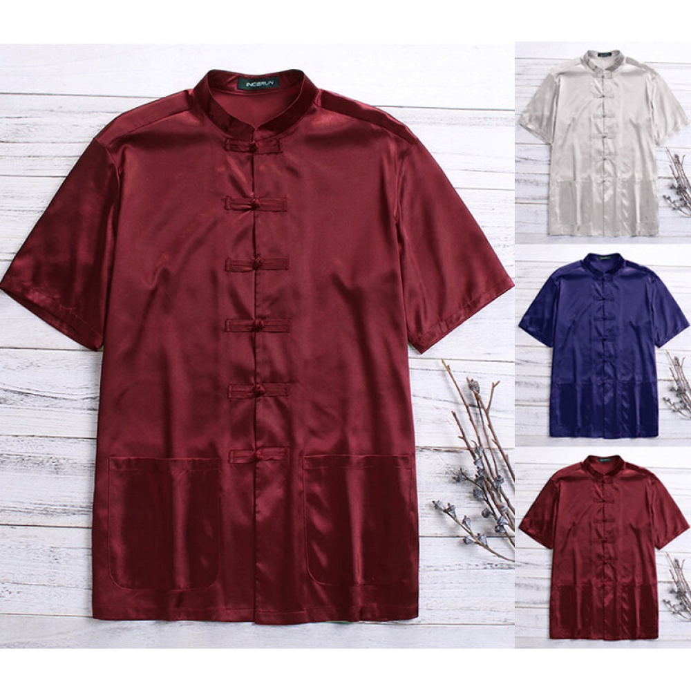 Mens Kung Fu Shirts Stain Silk Short Sleeve Chinese Casual Loose Traditional Tops - S Red
