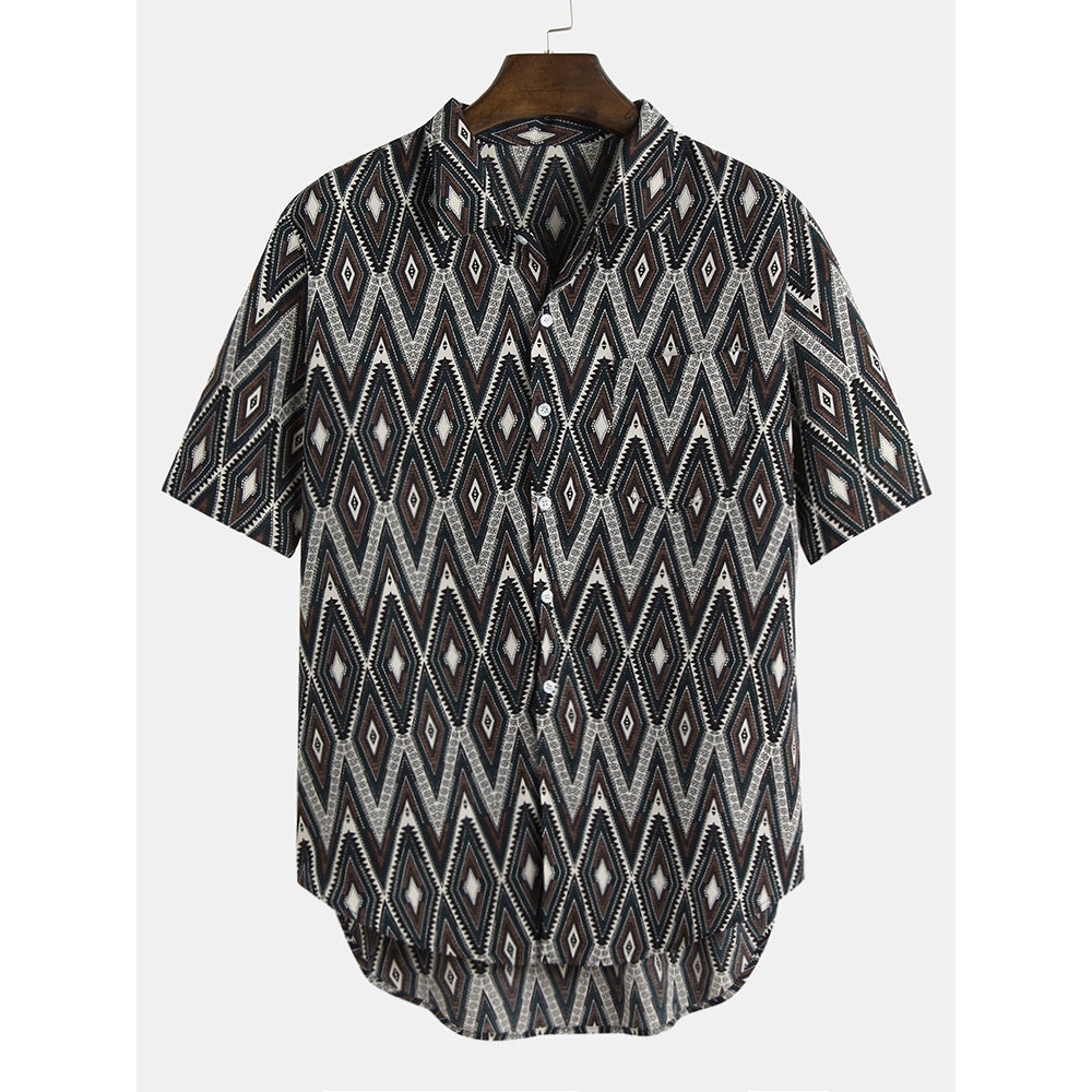 Mens Vintage Enthnic Geometry Printed Loose Casual Shirts - XL Black