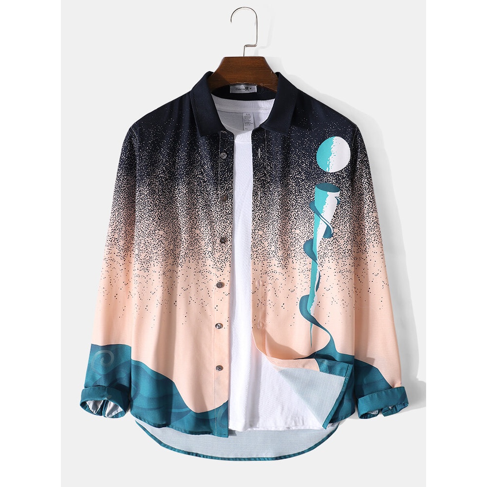 Mens All Over Landscape Print Lapel Casual Long Sleeve Shirts - Khaki XL