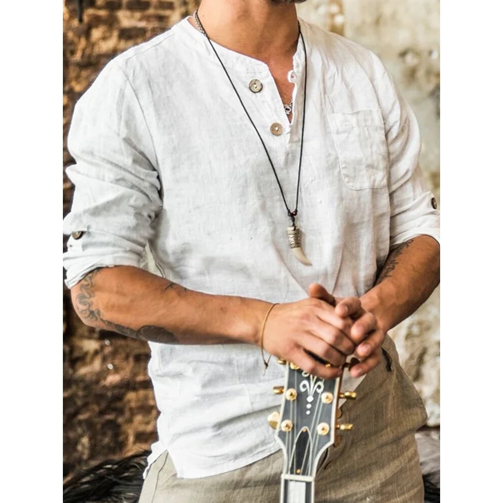 Mens 100% Cotton Half Button Front Long Sleeve Solid Color Basic Shirts With Pocket - White S