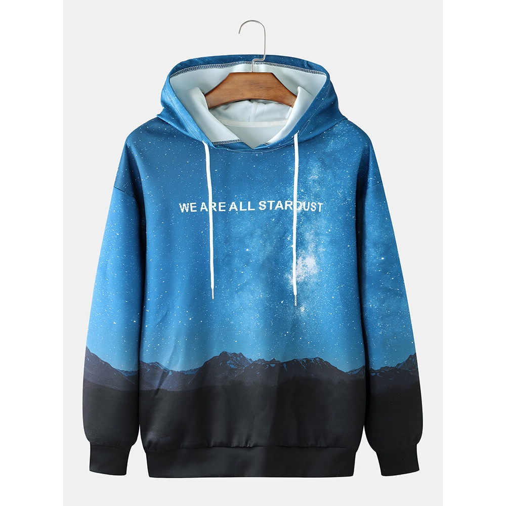 Mens Slogan Night Scenery Print Casual Pullover Drawstring Hoodie - Black S