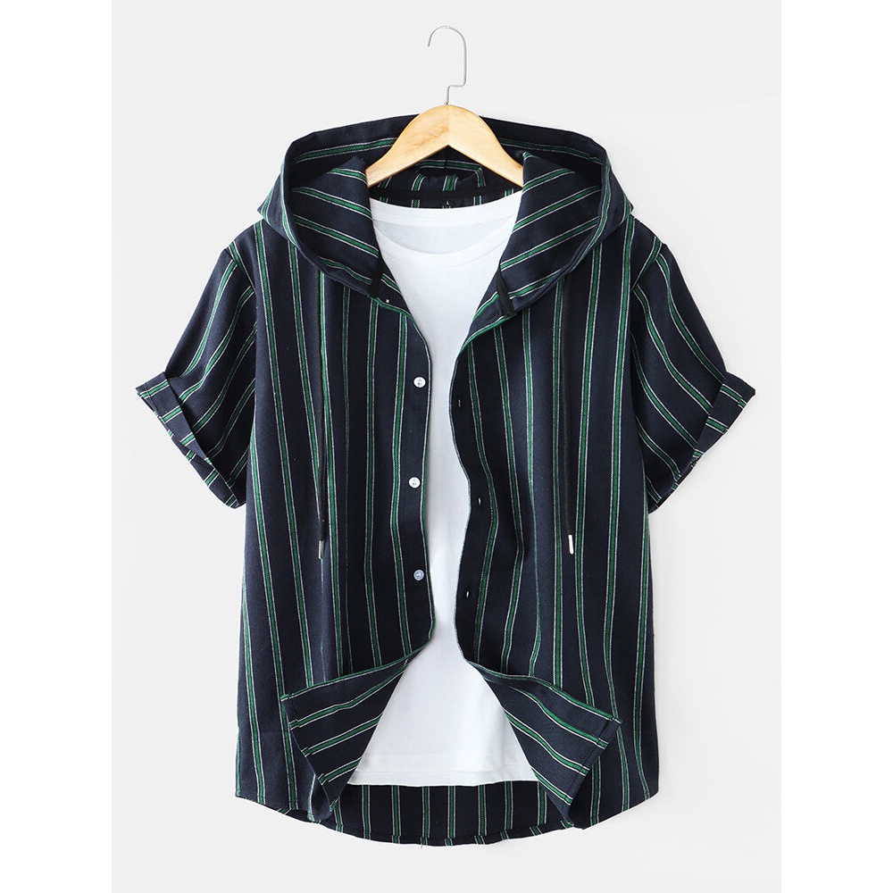 Mens Vertical Striped Short Sleeve Casual Hooded Shirts - Black S