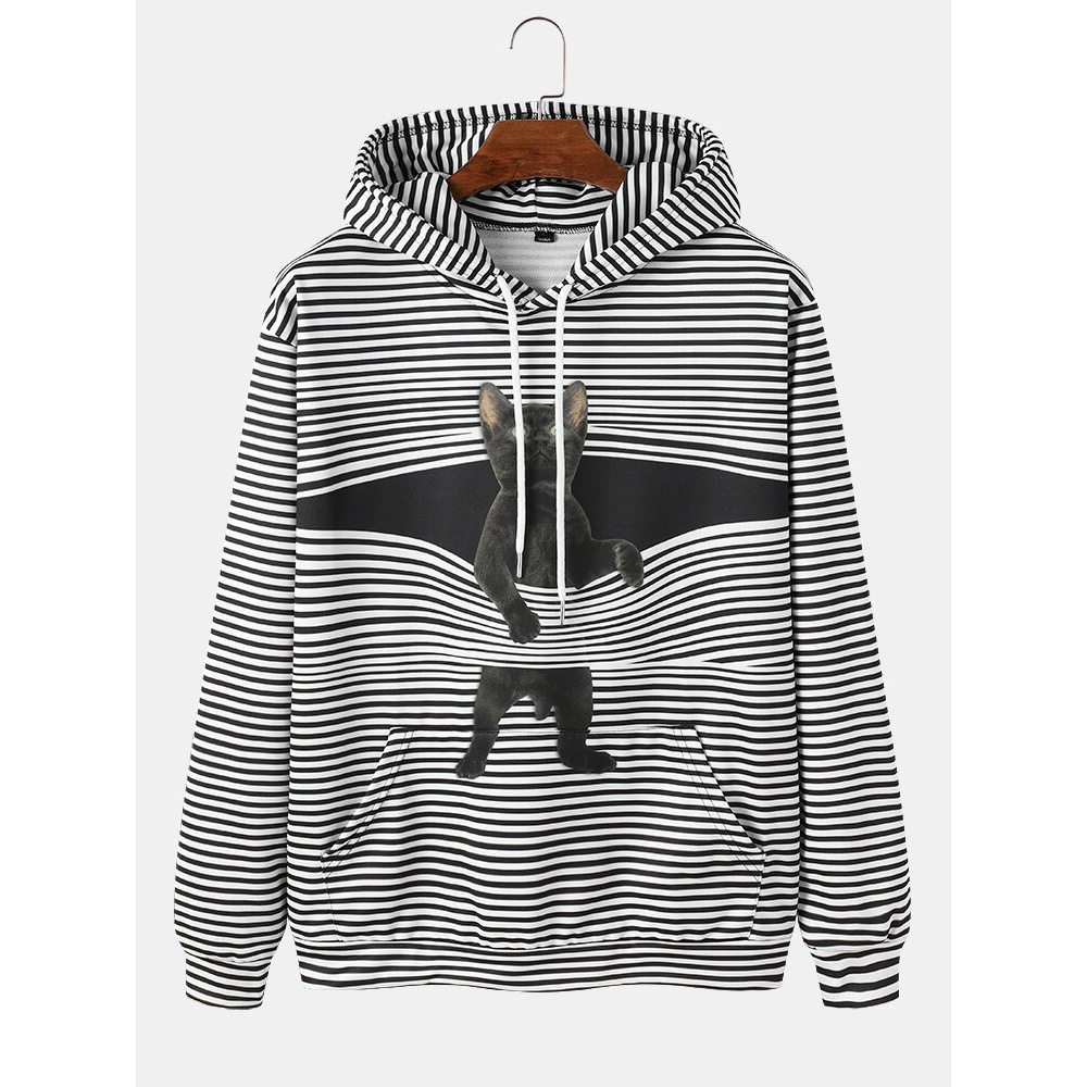 Mens Funny Stripe Cartoon Cat Print Kangaroo Pocket Drawstring Hoodies - Green S