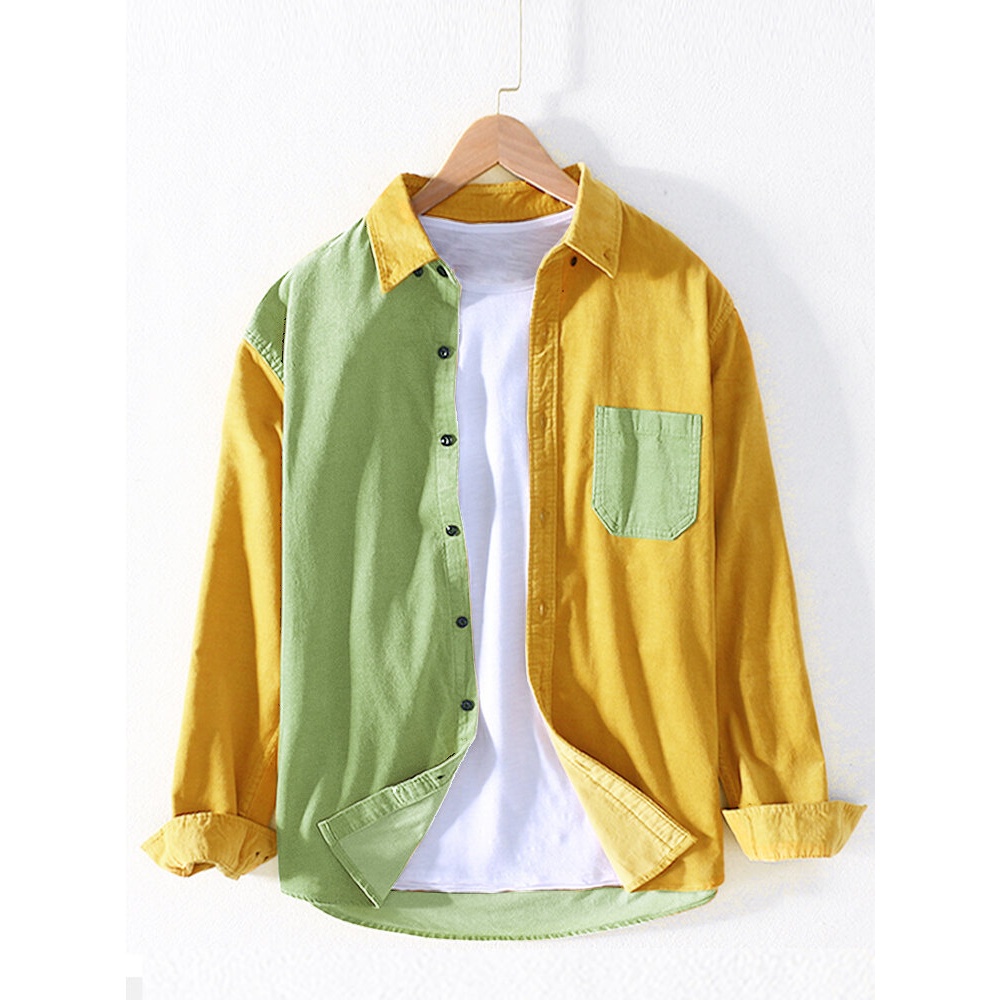 Mens Corduroy Patchwork Colorblock Lapel Curved Hem Shirts With Pocket - Green S