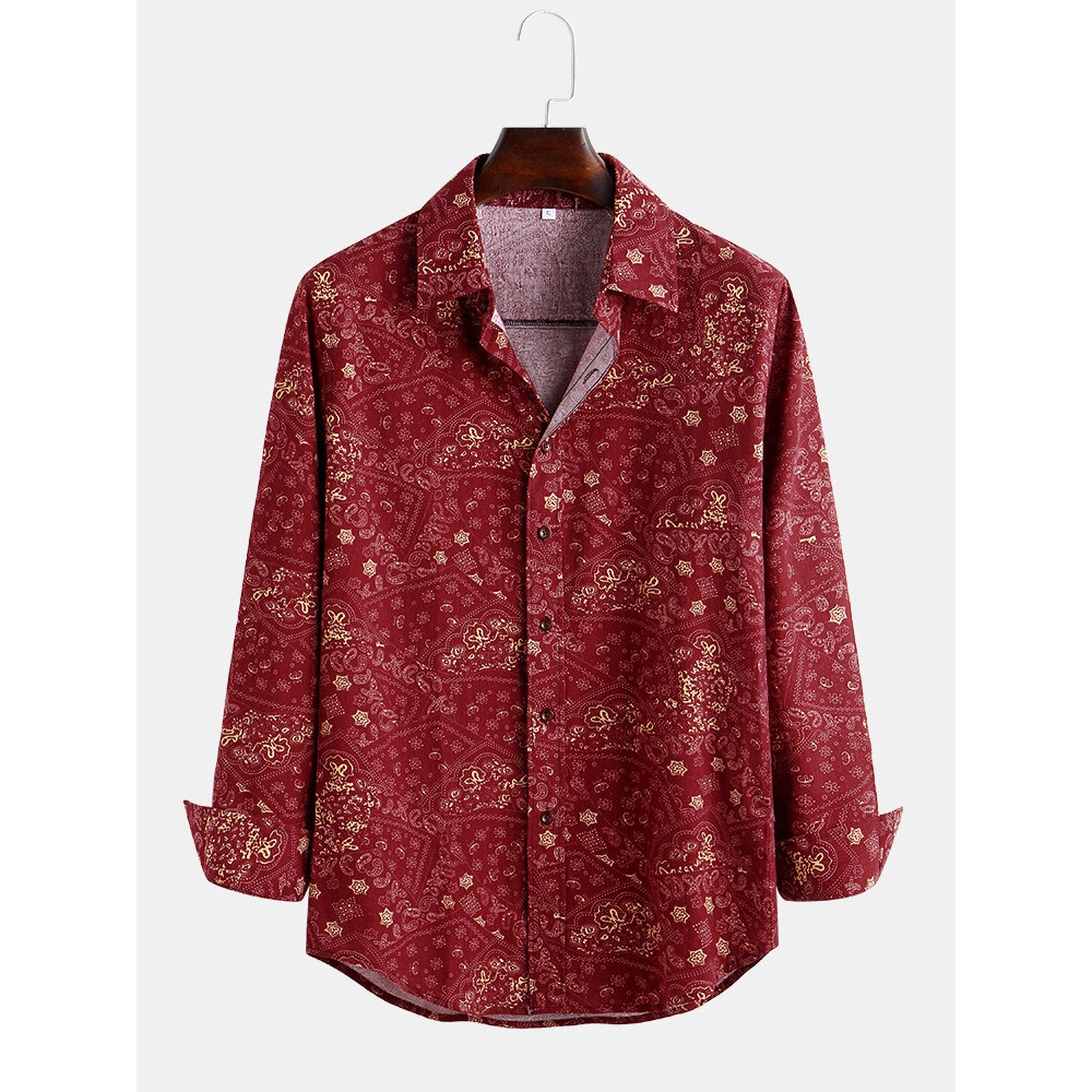Men Printed Spring Casual Turn Down Collar Long Sleeve - L Red