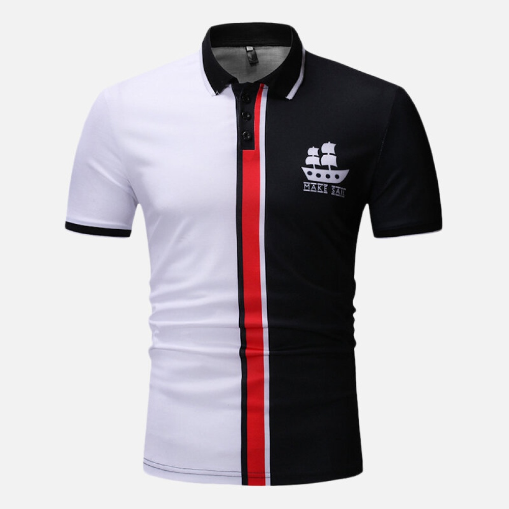 Men Muscle Fit Color Block Golf Shirt - M Black & White