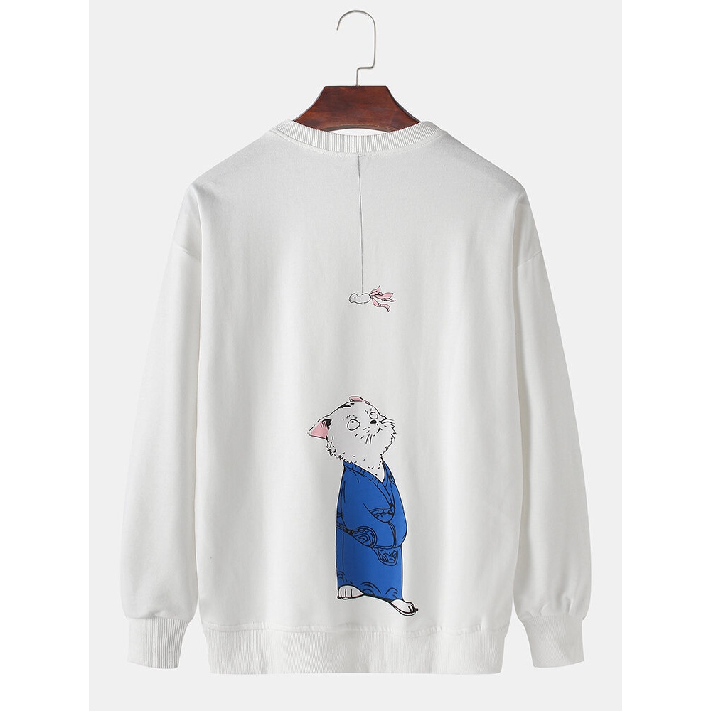 Cat Back Print Drop Shoulder Mens Cotton Long Sleeve Cartoon Sweatshirts - Black L