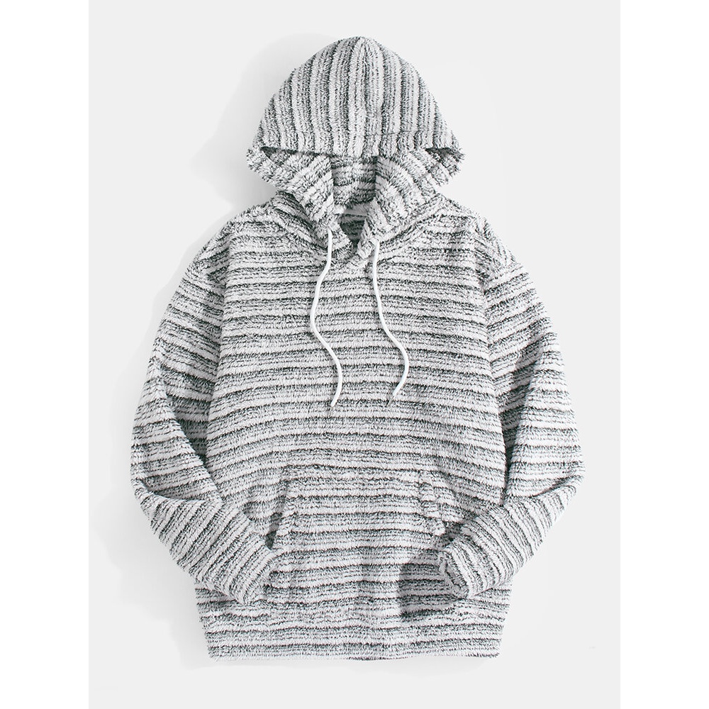 Mens Stripe Plush Fluffy Drawstring Hoodies With Pouch Pocket - White S