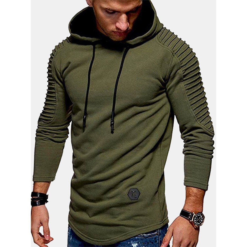 Mens Simple Solid Color Sleeve Texture Long Sleeve Drawstring Hoodies - Green S