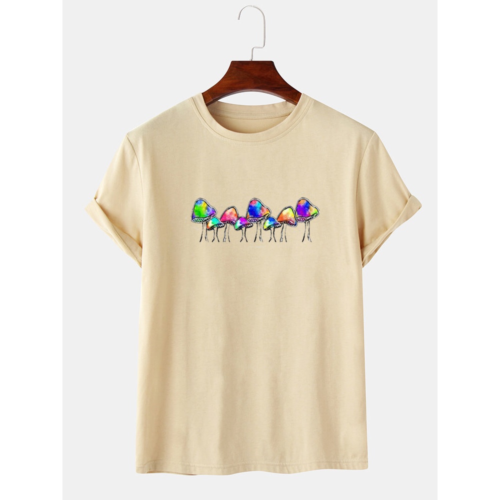 Mens Multi Color Mushroom Print O-Neck Community Spirit Short Sleeve T-Shirts - Khaki 2XL