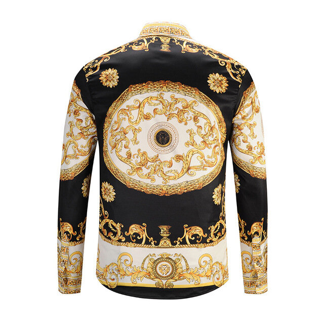 Men Shirt Retro Style Black Gold Printing Long-sleeved Shirts - L As Picture - Image 2